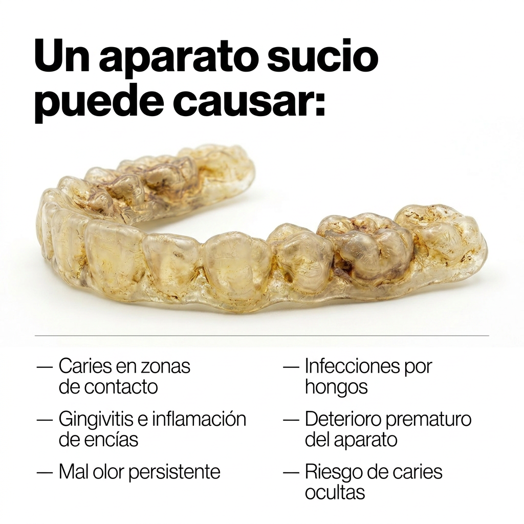 Riesgos de no limpiar bien el retenedor o alineador: caries, gingivitis, mal olor y deterioro del aparato
